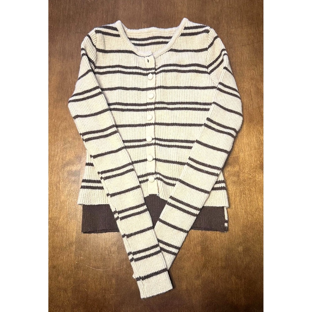 Womens Cardigan Sweater White Brown Striped Chunky Knit Long Sleeve Button Front